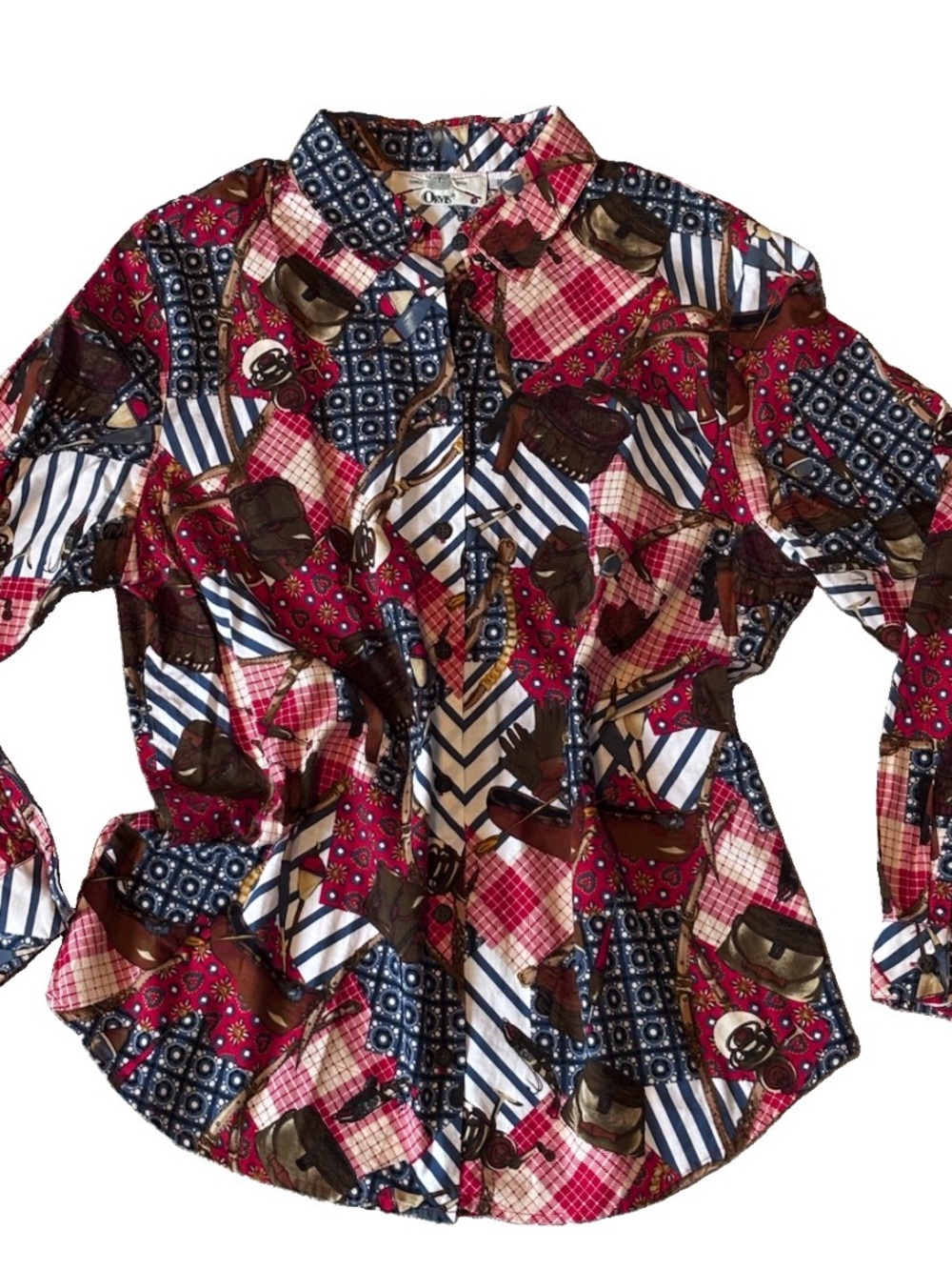 Vintage Orvis Patchwork Fishing Theme Blouse USA Made Sz 16